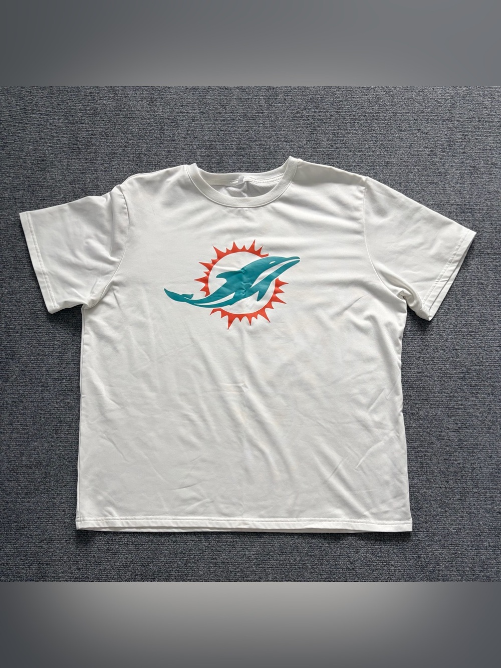 Men’s White Short-Sleeve Tee with Teal Dolphin & Orange Sunburst Logo